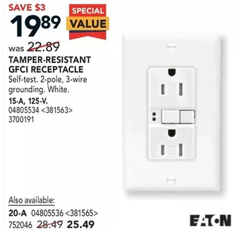 Lowe's Eaton Tamper-Resistant Gfci Receptacle offer