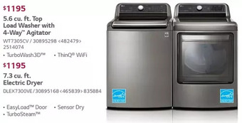 Lowe's LG 5.6 Cu. Ft. Top Load Washer with 4-Way Agitator | 7.3 Cu. Ft. Electric Dryer offer