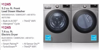 Lowe's LG 5.2 Cu. Ft. Front Load Steam Washer | 7.4 Cu. Ft. Electric Dryer offer