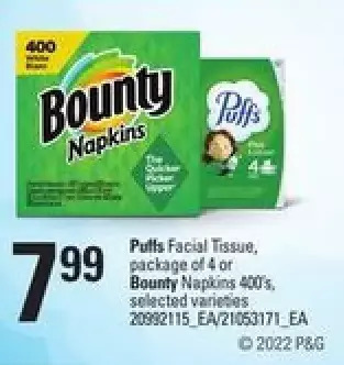 Zehrs Markets Puffs Facial Tissue or Bounty Napkins offer