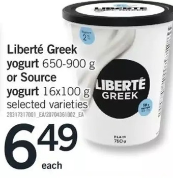 Fortinos Liberté Greek Yogurt or Source Yogurt offer