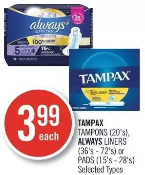 Shoppers Drug Mart Tampax Tampons, Always Liners or Pads offer