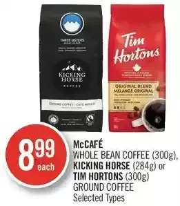 Shoppers Drug Mart McCafe Whole Bean Coffee, Kicking Horse or Tim Hortons Ground Coffee offer