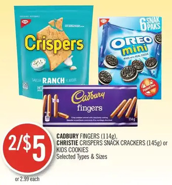 Shoppers Drug Mart Cadbury Fingers, Christie Crispers Snack Crackers or Kids Cookies offer