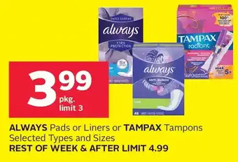 Rexall Always Pads or Liners or Tampax Tampons offer