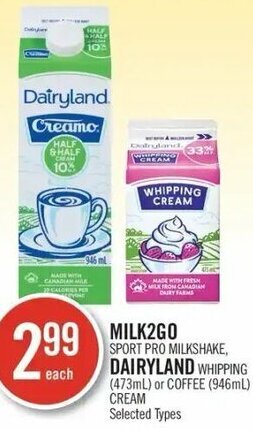 Shoppers Drug Mart Milk2Go Sport Pro Milkshake, Dairyland Whipping 473ml or Coffee 946ml Cream offer