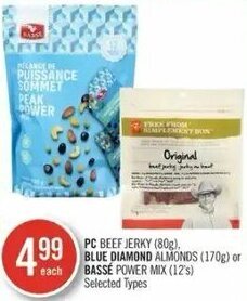 Shoppers Drug Mart PC Beef Jerky (80g), Blue Diamond Almonds (170g) or Bassé Power Mix (12's) offer