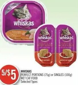 Shoppers Drug Mart Whiskas Perfect Portions (75g) or Singles (100g) Wet Cat Food offer