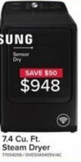 Leon's Samsung 7.4 Cu. Ft. Steam Dryer offer