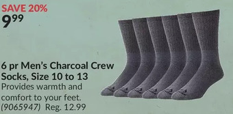 Princess Auto 6 pr Men's Charcoal Crew Socks, Size 10 to 13 offer