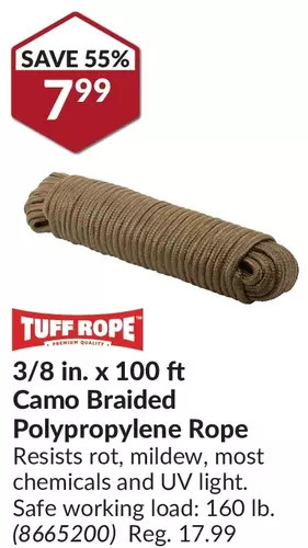 Princess Auto Tuff Rope 3/8 in. x 100 ft Camo Braided Polypropylene Rope offer