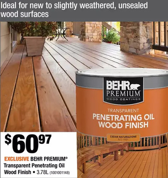 Home Depot Behr Premium Transparent Penetrating Oil Wood Finish offer