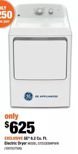 Home Depot GE 6.2 Cu. Ft. Electric Dryer offer