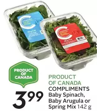 Sobeys Compliments Baby Spinach, Baby Arugula or Spring Mix offer