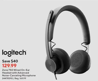 Staples Logitech Zone 750 Wired On-Ear Headset with Advanced Noise-Canceling Microphone offer