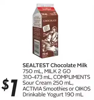 Sobeys Urban Fresh Sealtest Chocolate Milk, Milk 2 Go, Compliments Sour Cream, Activia Smoothies or Oikos Drinkable Yogurt offer