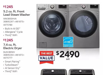 Lowe's LG 5.2 Cu. Ft. Front Load Steam Washer | 7.4 Cu. Ft. Electric Dryer offer