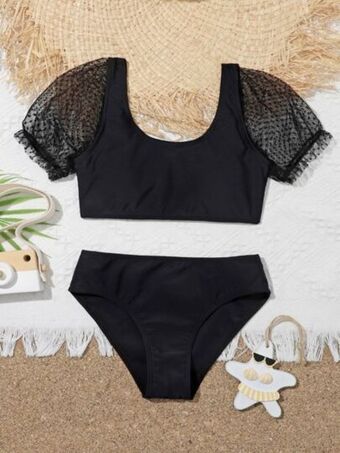 SheIn Girls solid contrast mesh bikini swimsuit offer