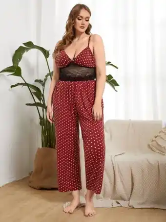 SheIn Shein plus polka dot lace panel cami top & pants pj set offer