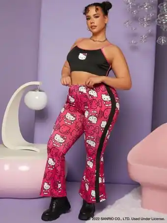 SheIn Shein x hello kitty and friends plus cartoon graphic contrast binding crop cami top & flare leg pants offer