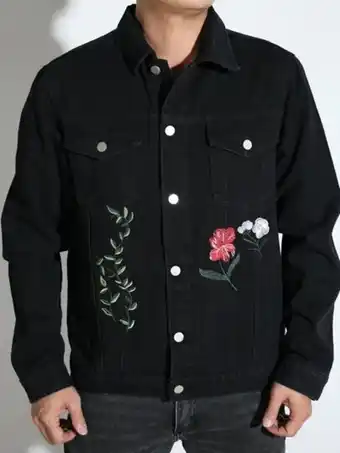SheIn Men floral embroidered flap pocket denim jacket offer
