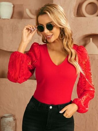 SheIn Shein contrast lace lantern sleeve top offer