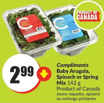 FreshCo Compliments Baby Arugula, Spinach or Spring Mix offer
