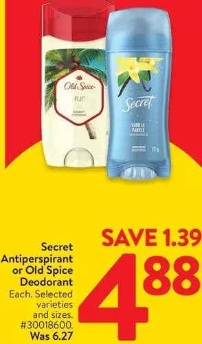 Walmart Secret Antiperspirant or Old Spice Deodorant offer