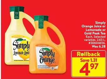 Walmart Simply Orange Juice or Lemonade or Gold Peak Tea offer
