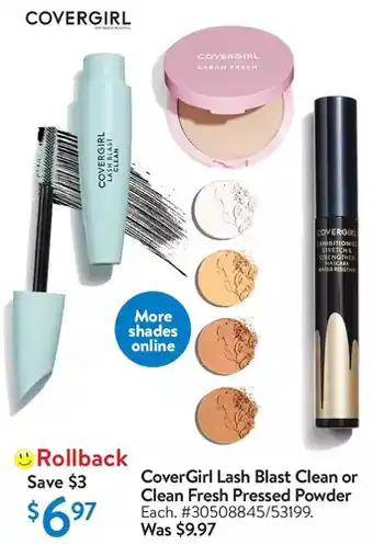 Walmart CoverGirl Lash Blast Clean or Clean Fresh Pressed Powder offer