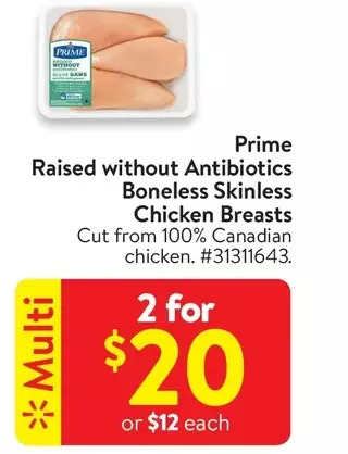 Walmart Prime Raised Without Antibiotics Boneless Skinless Chicken Breasts offer