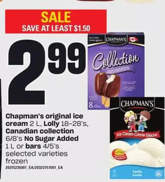 Loblaws Chapman's Original Ice Cream, Lolly, Canadian Collection No Sugar Added or Bars offer