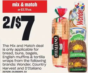 Loblaws Wonder, Country Harvest and D'italiano Bread, Buns, Bagels, English Muffins & Tortilla Wraps offer