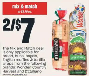 Independent Grocer Wonder, Country Harvest and D'italiano Bread, Buns, Bagels, English Muffins & Tortilla Wraps offer