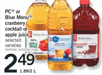 Fortinos PC or Blue Menu Cranberry Cocktail or Apple Juice offer