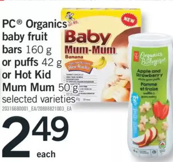 Fortinos PC Organics Baby Fruit Bars or Puffs or Hot Kid Mum Mum offer