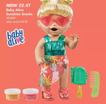 Toys R us Baby Alive Sunshine Snacks Doll, Eats and "Poops," Waterplay Baby Doll offer