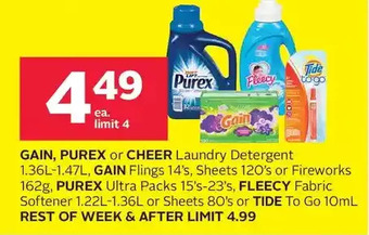 Rexall Gain, Purex or Cheer Laundry Detergent, Gain Flings, Sheets or Fireworks, Purex Ultra Packs, Fleecy Fabric Softener or Sheets offer