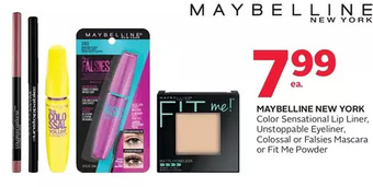Rexall Maybelline New York Color Sensational Lip Liner, Unstoppable Eyeliner, Colossal or Falsies Mascara or Fit Me Powder offer