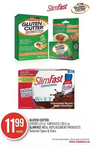 Shoppers Drug Mart Gluten Cutter Chews, Capsules or SlimFast Meal Replacement Products offer