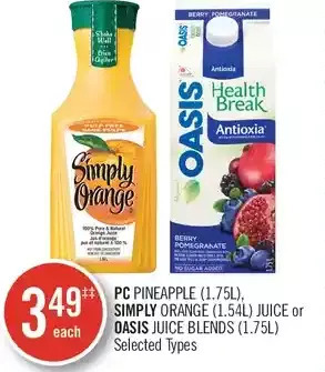 Shoppers Drug Mart PC Pineapple, Simply Orange Juice or Oasis Juice Blends offer