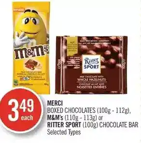 Shoppers Drug Mart Merci Boxed Chocolates, M&M's or Ritter Sport Chocolate Bar offer