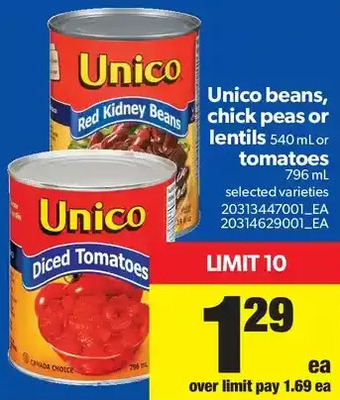 Real Canadian Superstore Unico beans, chick peas or lentils or tomatoes offer