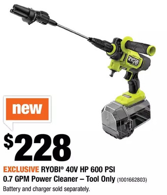 Home Depot Ryobi 40v hp 600 psi 0.7 gpm power cleaner - tool only offer