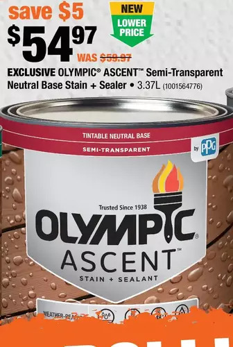 Home Depot Olympic ascent semi-transparent neutral base stain + sealer offer