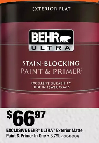 Home Depot Behr ultra exterior matte paint & primer in one offer