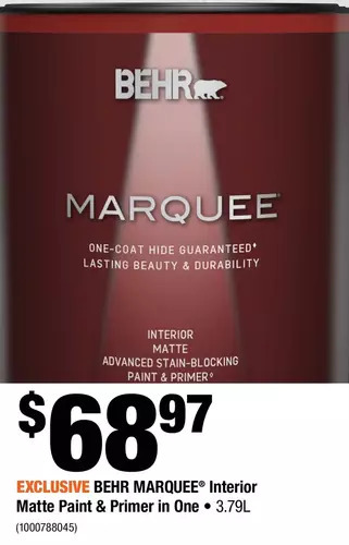 Home Depot Behr marquee interior matte paint & primer in one offer
