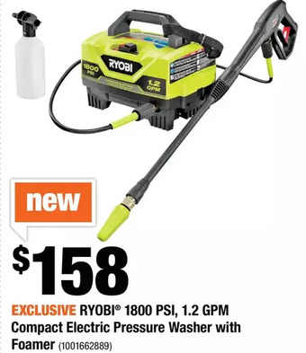 Home Depot Ryobi 1800 psi, 1.2 gpm compact electric pressure washer with foamer offer