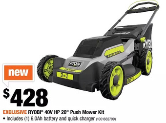 Home Depot Ryobi 40v hp 20" push mower kit offer