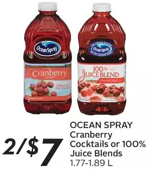 Sobeys Ocean spray cranberry cocktails or 100% juice blends offer